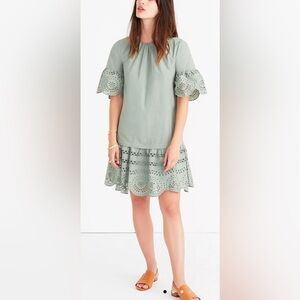 Madewell Eyelet Drop‎ Waist Mini Dress 100% Cotton in Sage Green - XS